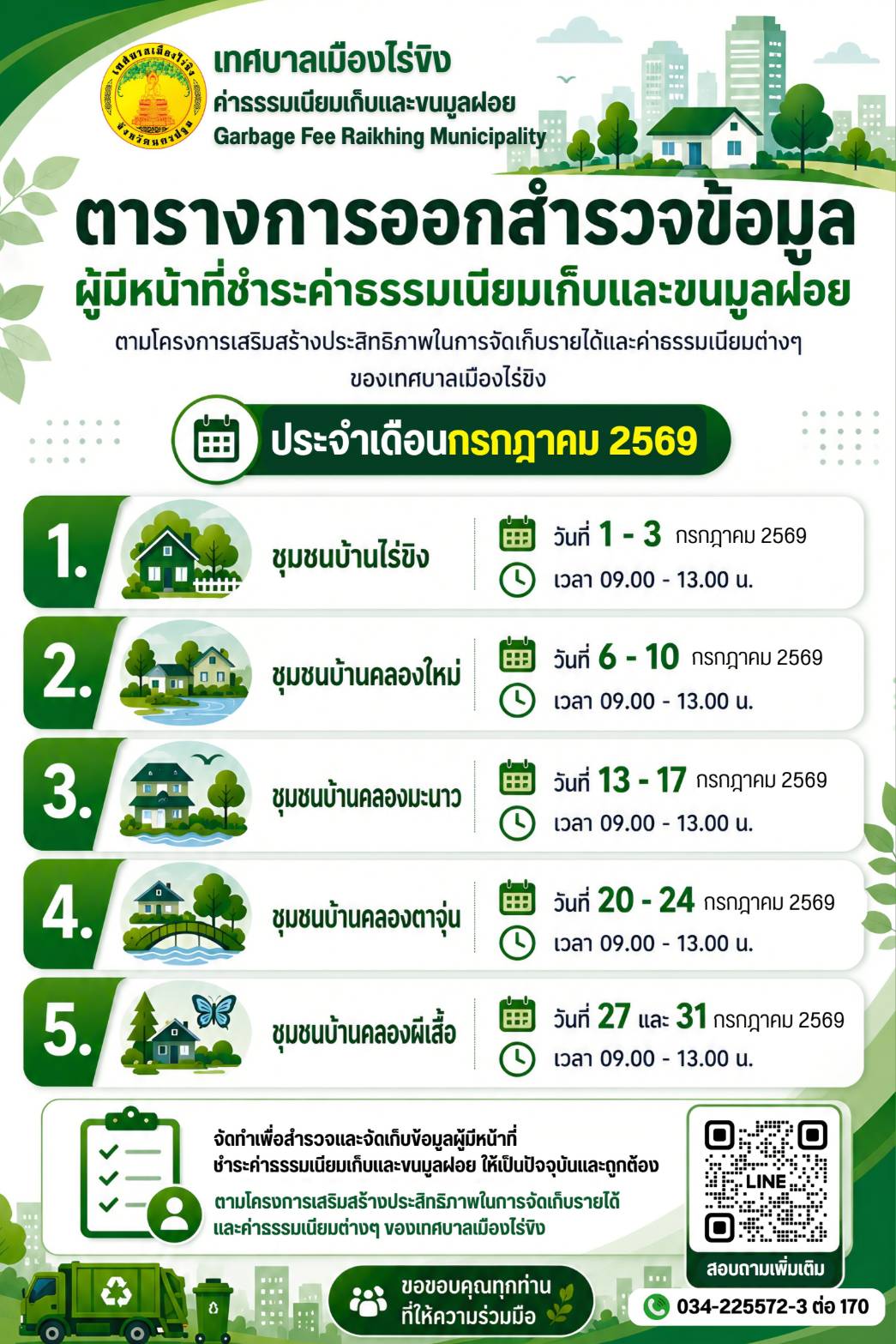 การออกสำรวจข้อมูลผู้มีหน้าที่ชำระค่าธรรมเนียมเก็บและขนมูลฝอยในเขตเทศบาลเมืองไร่ขิง