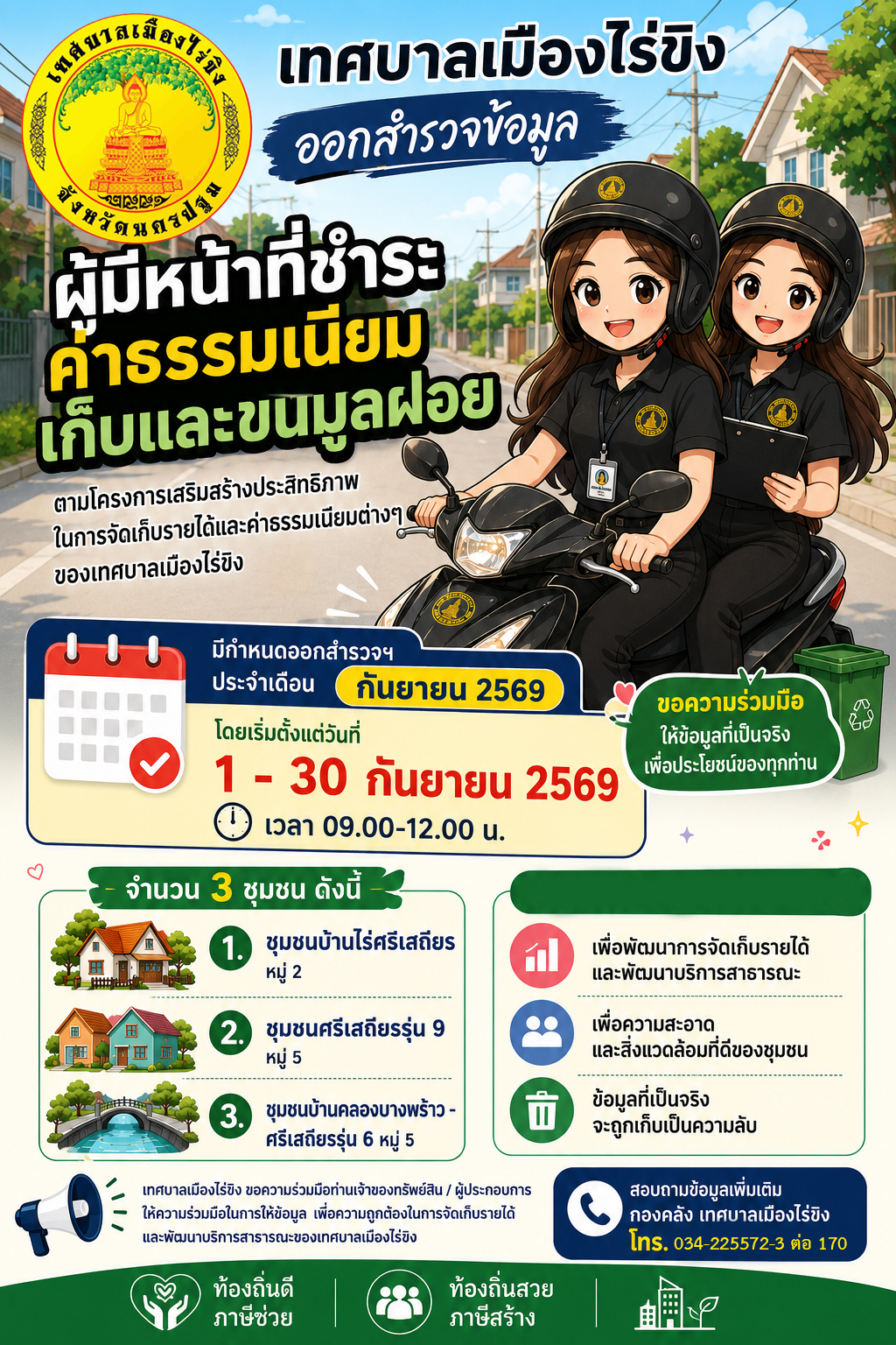 เทศบาลเมืองไร่ขิง ออกสำรวจข้อมูลผู้มีหน้าที่ชำระค่าธรรมเนียมเก็บและขนมูลฝอย