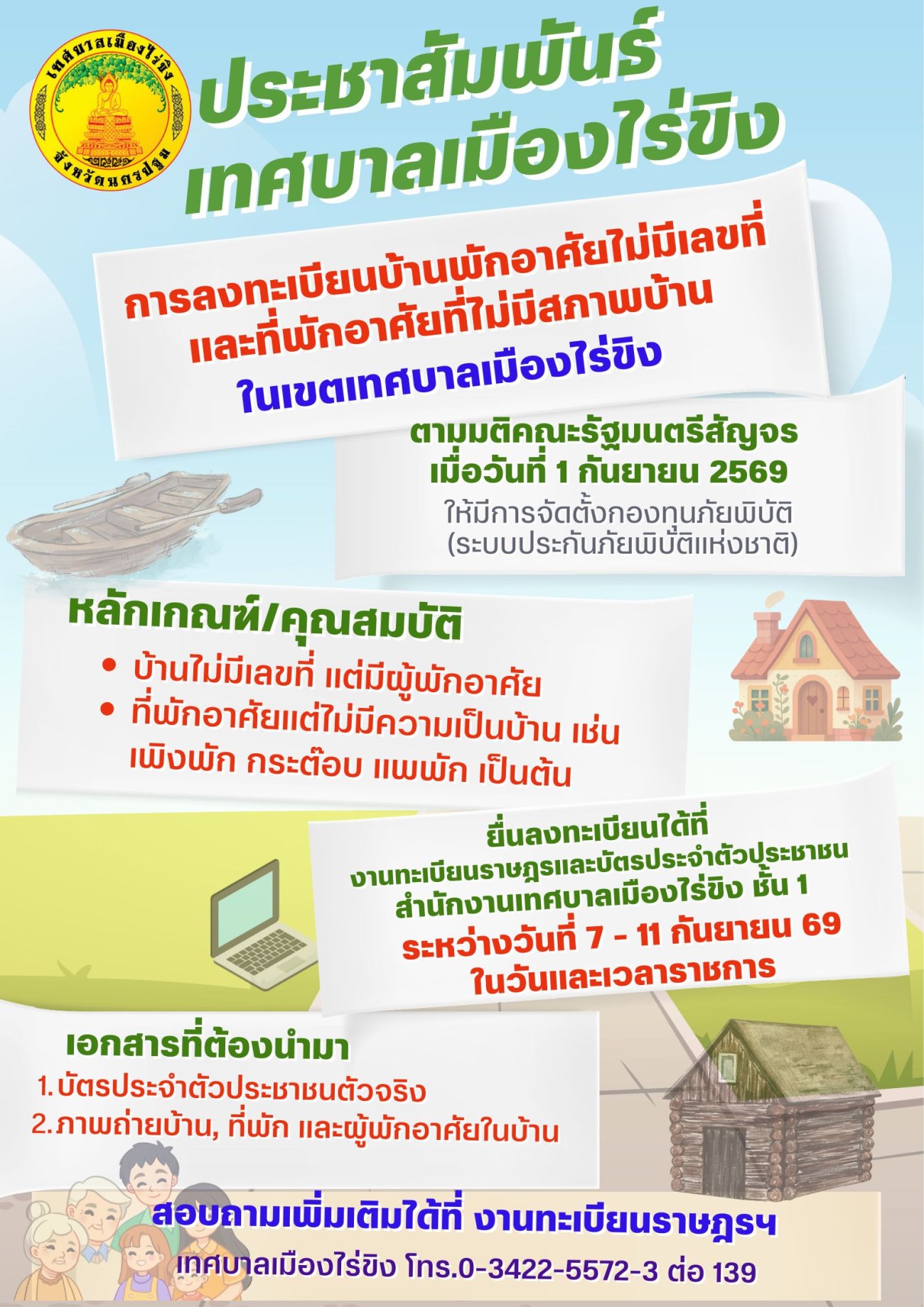 การลงทะเบียนบ้านพักอาศัยไม่มีเลขที่และบ้านพักอาศัยที่ไม่มีสภาพบ้าน ในเขตเทศบาลเมืองไร่ขิง
